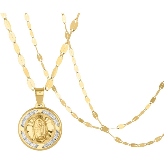 Medalla Virgen De Guadalupe 10k Con Piedras Y Cadena Oro 10k