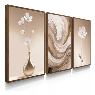 Quadro Decorativo Sala Flores Ton Cobre Gold Folhas Lindo