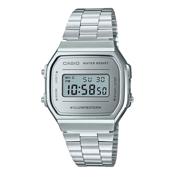 Reloj Casio Vintage Unisex Original E-watch Color De La Correa Gris Color Del Bisel Plateado Color Del Fondo Plateado