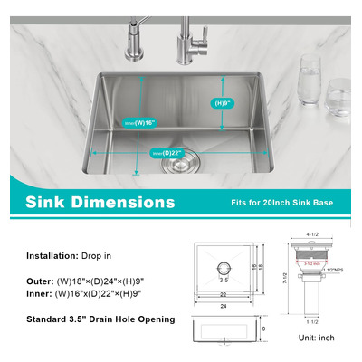 Tsibomu Fregadero De Cocina De Montaje Inferior De 24 Pulga.