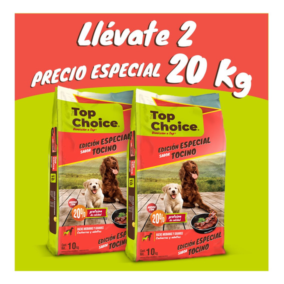 Pack X2 Alimento Seco Para Perro Top Choice Tocino 10kg