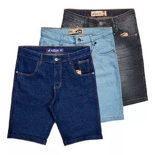 Kit Com 3 Bermudas Shorts Jeans Masculinas Slim Com Elastano