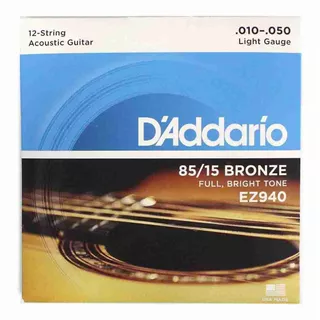 Encordoamento Daddario Bronze Violão Aço 12 Cordas 010 Ez940