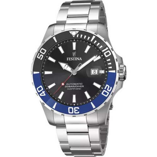 Reloj pulsera Festina F20531 con correa de acero inoxidable color gris plata - fondo negro - bisel negro/azul