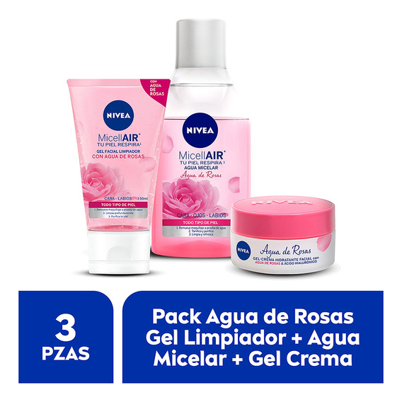 Nivea Petals Rosas rutina agua de rosas gel facial y micelar 3 piezas