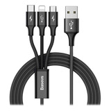 Cable Cargador 3 En 1 Lightning Tipo C Micro Usb Datos Negro