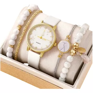 Kit Relógio Feminino E Pulseiras Branco Dia Das Mães Cor Do Bisel Dourado Cor Do Fundo Madrepérola