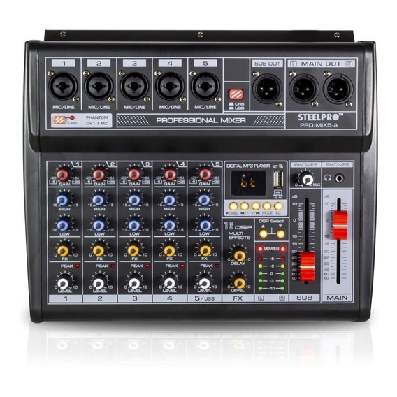 Mezcladora Profesional 5 Canales Amplificada Bt Steelpro