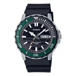 Reloj Casio Mtd-125-1a Para Hombre, Color Negro, Bisel, Color Negro Y Verde, Color De Fondo Negro