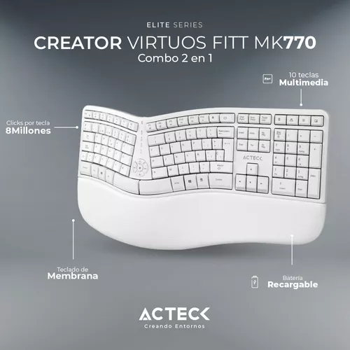 Combo Acteck 2 En 1 Teclado Ergonomico Mouse Vertical 2.4 Color del mouse  Blanco Color del teclado Blanco