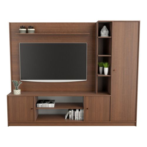 Rack Modular Centro + Panel Led Tv Con Soporte Melamina Color Caoba