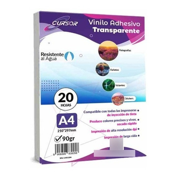 Papel Vinilo Adhesivo Transparente Imprimble Inkjet A4 20hjs