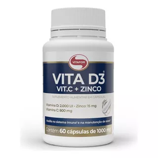 Vitamina D - Vita D3 2000ui - 60 Caps Vitafor Vit C + Zinco Sabor Sem Sabor