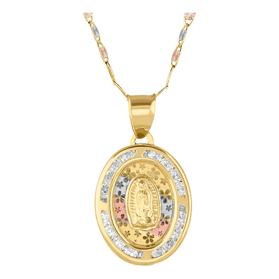 Medalla Ovalada Virgen Guadalupe Flores Con Cadena Oro 10k