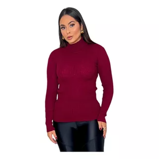 Cacharrel Blusa Tricot Lã Feminina Canelada Gola Alta