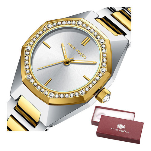 Reloj De Cuarzo Mini Focus Diamond Luminous Para Mujer Color Del Fondo Silver Golden White
