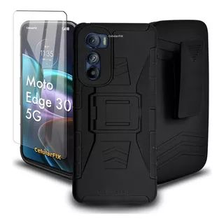 Funda Protector P/ Motorola Edge 30 5g, Rudo Clip C/ Cristal Color Negro Motorola Edge 30 5g