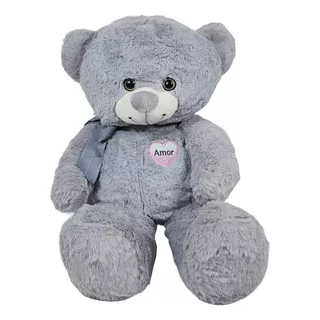 Urso De Pelúcia Com Lacinho Coração Bordado 60cms - Cinza