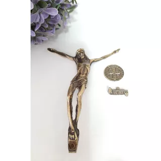 Cristo De Bronze Metal Medalha São Bento + Inri Cruz 10cm