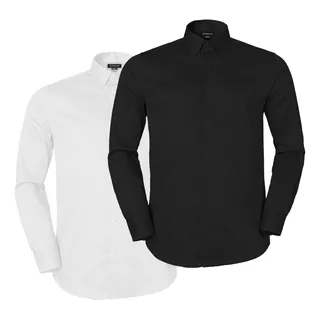 Kit 2 Camisas Social Slim Algodão Premium Luxo Preta+branca
