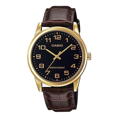 Reloj pulsera Casio Enticer MTP-V001 de cuerpo color dorado, analógico, para hombre, fondo negro, con correa de cuero color marrón, agujas color dorado, dial dorado, minutero/segundero dorado, bisel color dorado y hebilla simple