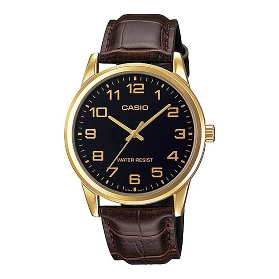 Reloj pulsera Casio Enticer MTP-V001 de cuerpo color dorado, analógica, para hombre, fondo negro, con correa de cuero color marrón, agujas color dorado, dial dorado, minutero/segundero dorado, bisel c