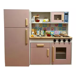 Cozinha Infantil Com Refrigerador Em Mdf Cor Branco E Rosa 