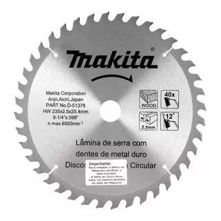 Disco Serra Circular Para Madeira 235 Mm 40 Dentes Makita