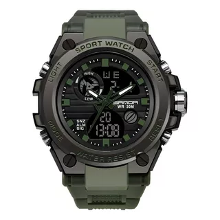 Reloj Deportivo Sanda 739 Doble Hora Multifunciones Color De La Correa Negro Color Del Bisel Verde Militar Color Del Fondo Negro