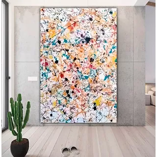 Quadro Abstrato Pollock Inspire Branco Pintado A Mão