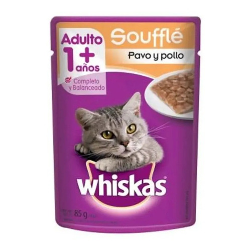 Alimento Whiskas 1+ Whiskas Gatos s para gato adulto todos los tamaños sabor soufflé de pavo y soufflé de pollo en sobre de 85g