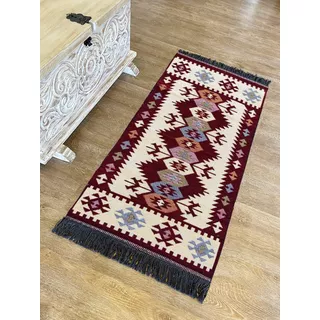 Tapete Kilim Diseño Antep 120x60 Cm - Karesi Beige/vinotinto