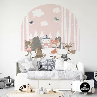 Vinilo Para Pared Arco Animalitos Del Bosque Rosa 100x130cm