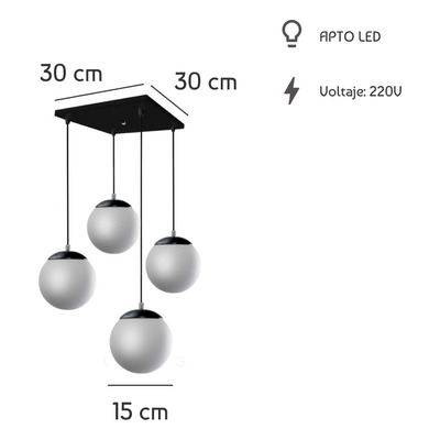 Colgante 4 Luces Globo Opal 15cm Deco Base 30x30cm Apto Led 