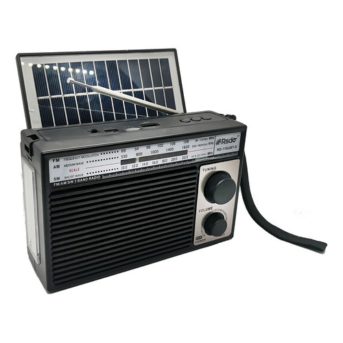 Radio Am-fm-sw Parlante Bluetooth Usb Sd Carga Solar Luz Led Color Negro