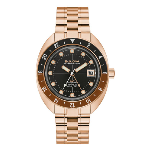 Reloj Bulova Oceanographer Gmt 97b215 E-watch Color de la correa Oro rosa Color del bisel Negro-cafe Color del fondo Negro