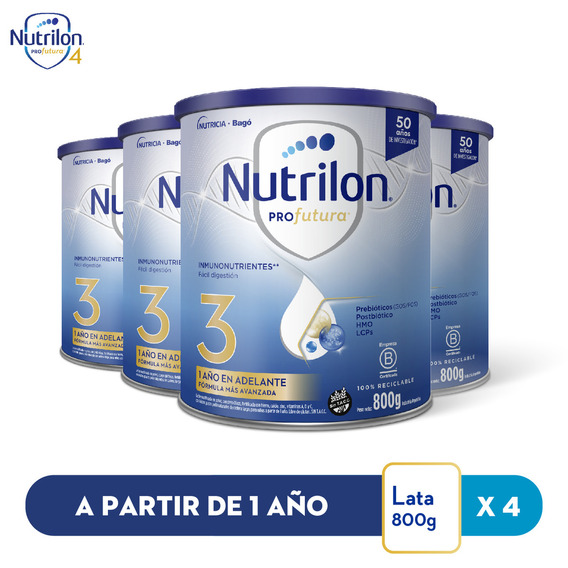 Leche de fórmula en polvo sin TACC Nutricia Bagó Nutrilon Profutura 3 en lata - Pack de 4 de 800g - 12 meses a 2 años