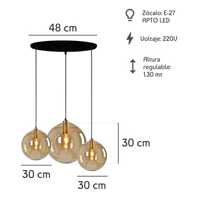 Colgante 3 Luces Caramel Ambar 20cm Y 30cm Apto Led Deco Cie