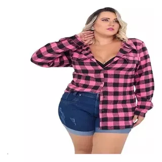 Camisa Blusa Feminina Gola Flanelada Plus Size Manga Xadrez