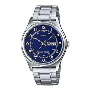 Reloj Casio Hombre Plateado Mtp-v006d-2b Color Del Fondo Azul