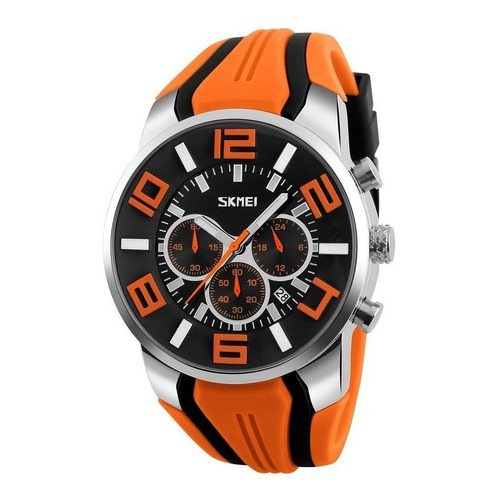 Reloj pulsera Skmei 9128 con correa de silicona color naranja/negro - fondo negro - bisel plateado