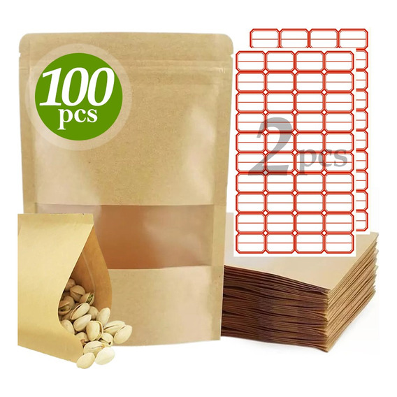 100 Bolsas Stand Up Pouch Kraft Con Ventana Para 500g