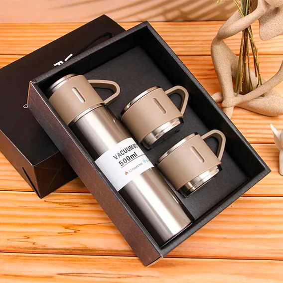 Termo 500 Ml Set Termo Con 3 Tazas Mantiene Temperatura Color Gris