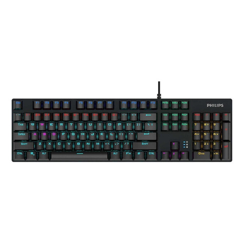 Teclado gamer Philips SPK8404 QWERTY inglés US color negro con luz rainbow