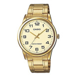 Reloj pulsera Casio Enticer MTP-V001GL-7BUDF de cuerpo color dorado, analógico, para hombre, fondo dorado, con correa de acero inoxidable color dorado, agujas color dorado y negro, dial negro, minuter
