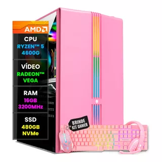 Pc Gamer Computador Completo Amd Ryzen 5 Kit Rosa Pink Wifi