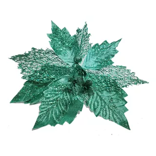 12 Flores Navideñas 32cm Brillo Artificial Adorno Navidad Color Turquesa