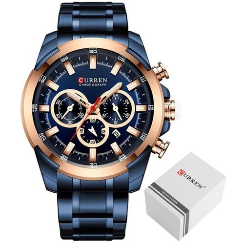 Reloj Curren 8361 de acero inoxidable, casual, de lujo, casual, para hombre, correa original, color azul, bisel, color de fondo azul