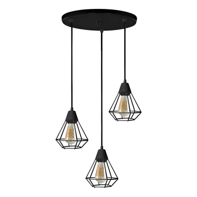 Colgante Jaula 3 Luces Diamante Deco Base Redonda Apto Led Negro
