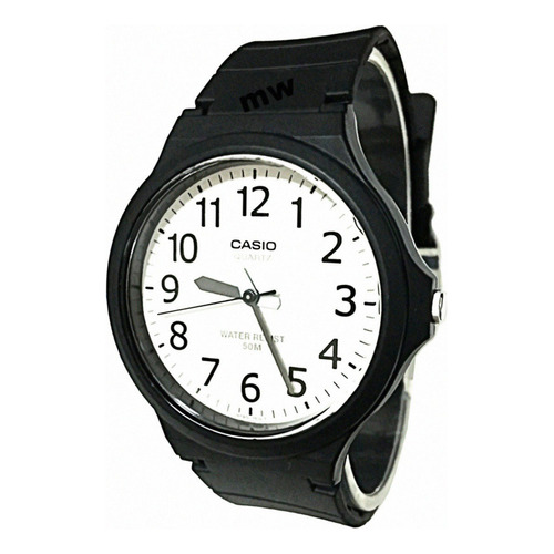 Reloj de pulsera Casio Youth MW-240-1E2V de cuerpo color negro, analógico, para hombre, fondo blanco, con correa de resina color negro, agujas color negro y blanco, dial negro, minutero/segundero negro, bisel color negro y hebilla simple